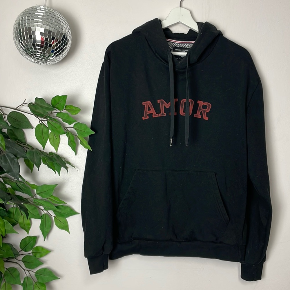 ❤️ DENIM & FLOWER AMOR red text graphic pullover hoodie sweatshirt medium ❤️